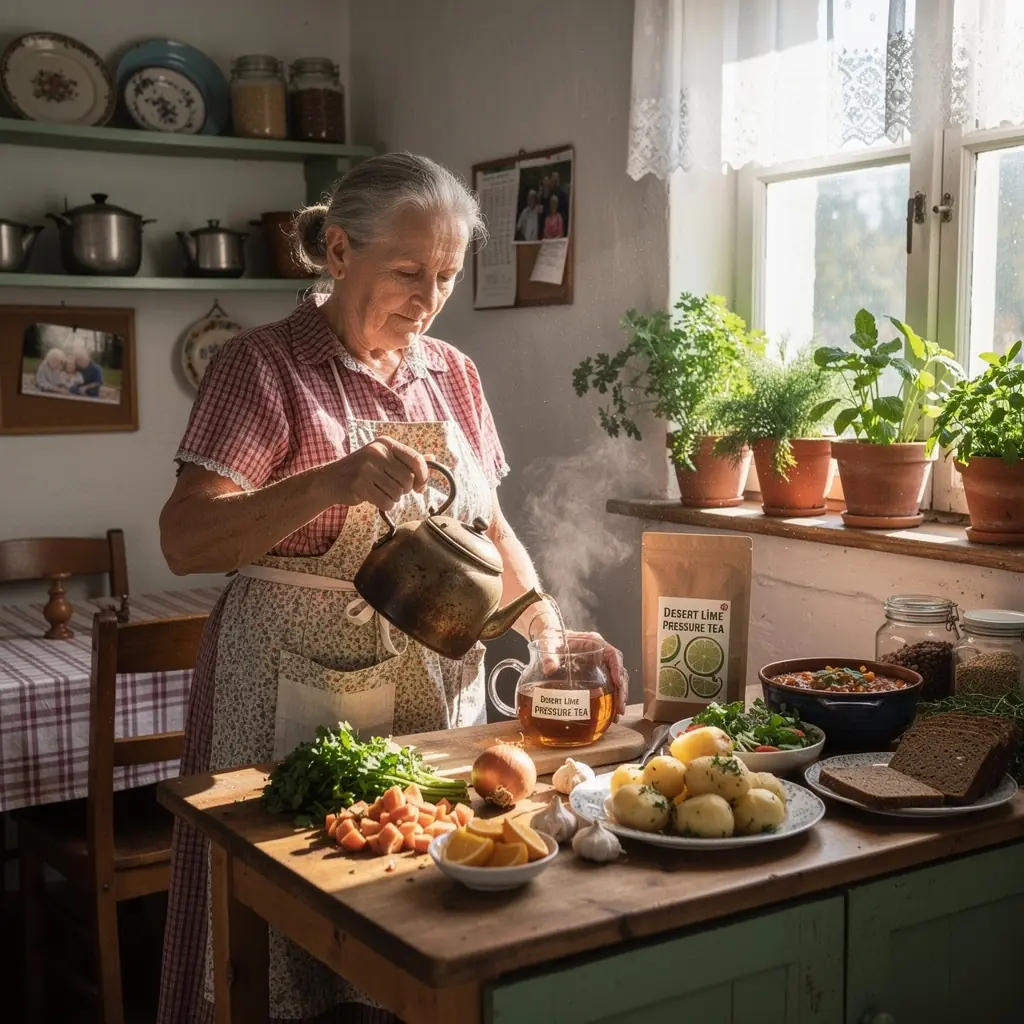 Šiltas arbatos puodelis su dykumos kalkių lapais, skatinantis sveiką kraujospūdį.