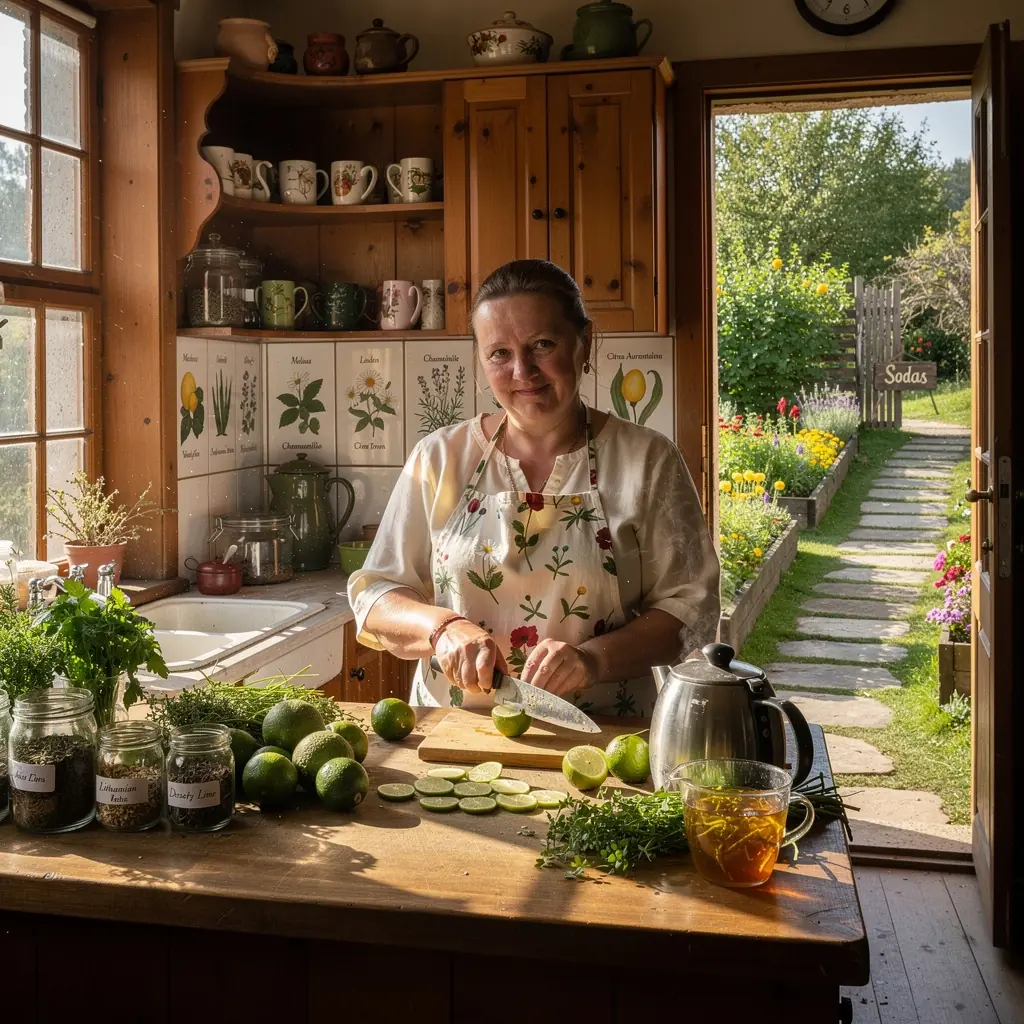 Dykumos kalkių arbatos puodelis su citrinų griežinėliais.